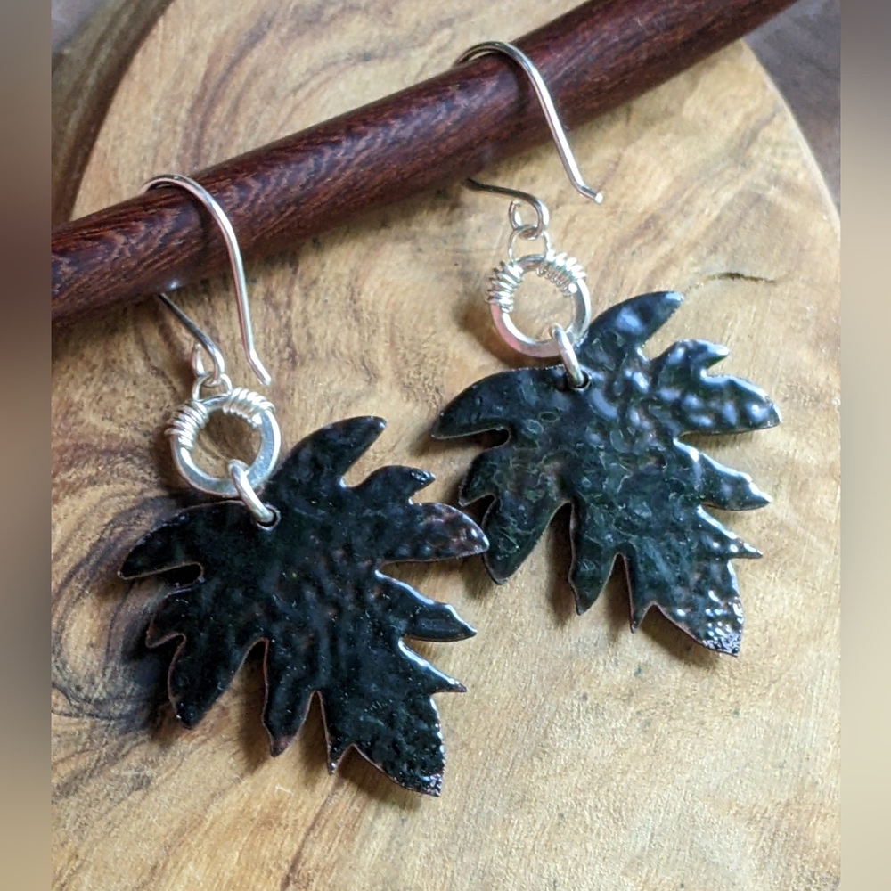 Hand Crafted Sterling Silver Earrings Artisan Leaf Charm Wire Wrap Hoop - Picture 4 of 15